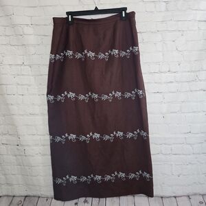 Brown Teal Beaded Embroidered Maxi Skirt Linen Blend  Sz 16 CottageCore Boho